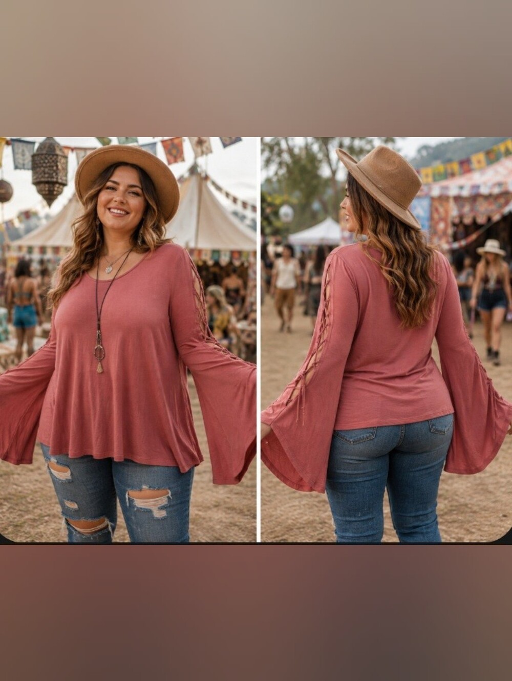1.4.3. Story by Line Up Burnt Orange Boho Festival Lace Up Bell Sleeve Tunic Top